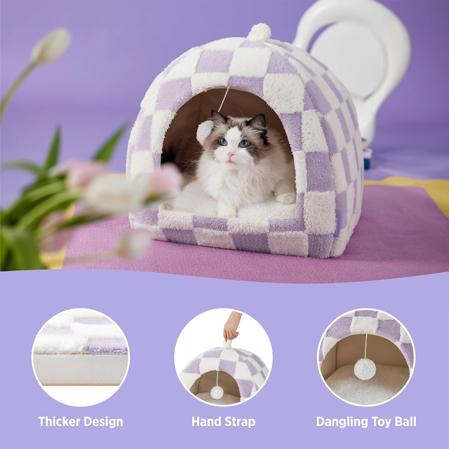 Lesure Cute Cat Beds for Indoor Cats - 2 in 1 Cat Cave Bed for Kittens and Small Pets with Removable Washable Cushioned Pillow, Cozy Kitten with Non-Slip Bottom, Purple, 16 inches - Pet Explorer