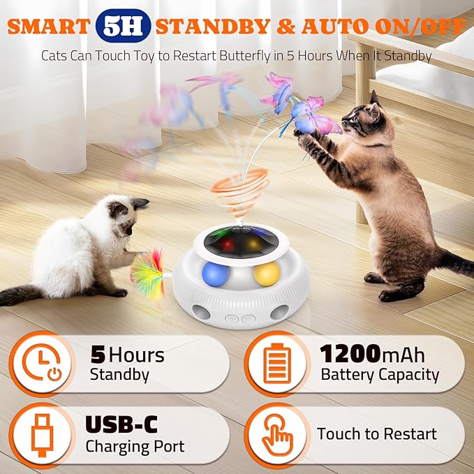 Interactive Cat Toys 3 in 1 Automatic Cat Toy for Indoor Cats, Electric Kitten Toy with USB Rechargeable, Self Play Kitty Toys with Spinner Fluttering Butterfly, Track Ball and 2 Ambush Feathers