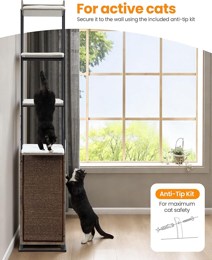 Modern Wood Cat Tree Tower, 84 Inch Extra Tall Cat Condo Trees for Indoor Cats Large Adult, XL Multi-Level Heavy Duty Wooden Sturdy Cat House Furniture with Platform Perch Bed Scratching Post Board