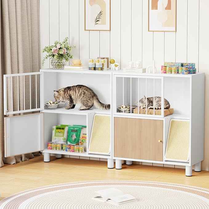 Dog Proof Cat Feeding Station, Metal Cat Feeding Station with Scratching Board, Raised Bowls for Indoor Cats, Elevated Food Bowls with Stand, Pet House Furniture (Metal White)