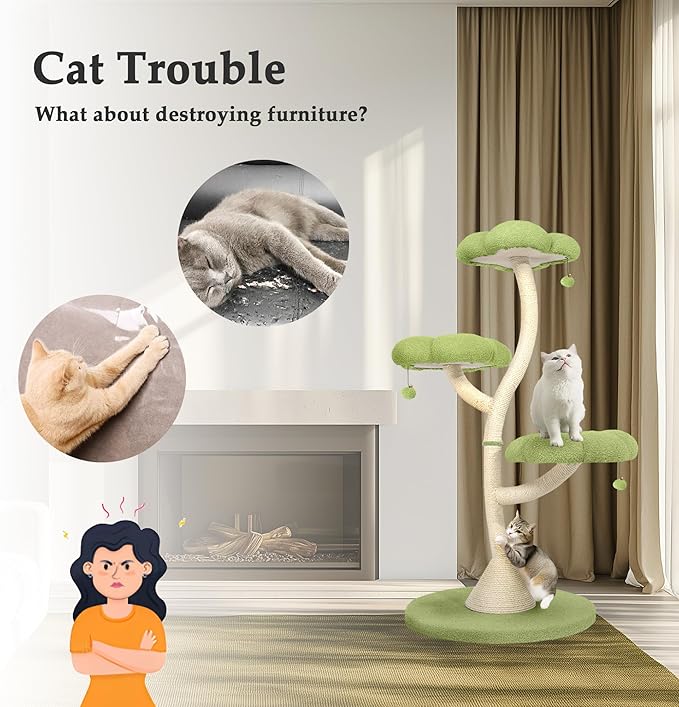 FKWin 48" Tall Cat Tree,Flower Shape Design,Scratching Post Condo,Multi-Level Furniture Activity Center,Kittens Pet House Play with Hang Ball,Plush Cat Tower for Large Cats (Green-3 Tiers)