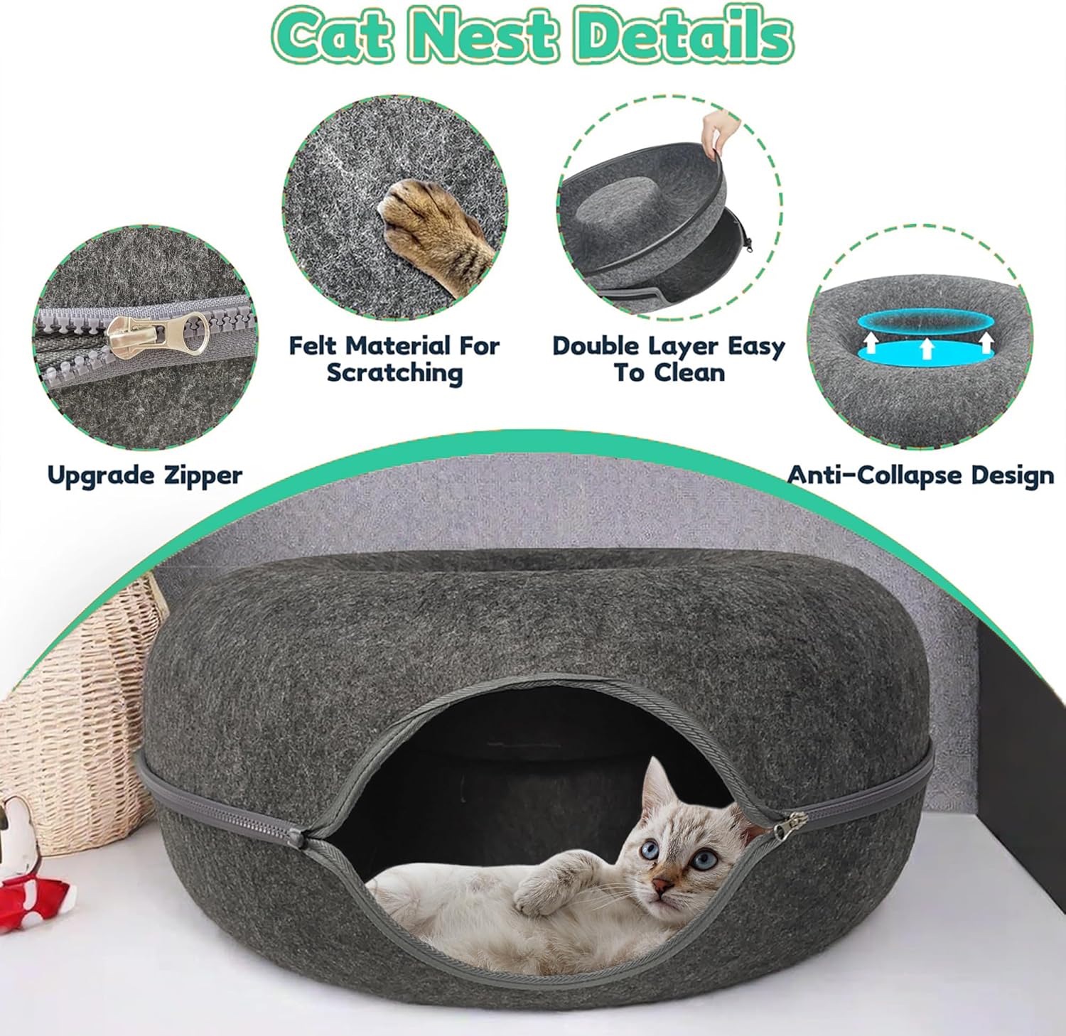 Donut Cat Tunnel Bed Peekaboo Cat Cave for Large Cats Up to 30 Lbs, Kitty Interactive Playing Tent House for Multiple Cats,Detachable,Scratch Resistant (Deep Gray, Large - 24 Inch Diameter) - Pet Explorer