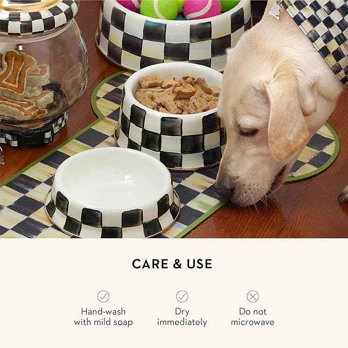 MACKENZIE-CHILDS Pet Bowl, Cute Cat and Dog Bowl for Food and Water, Black-and-White Courtly Check, Medium