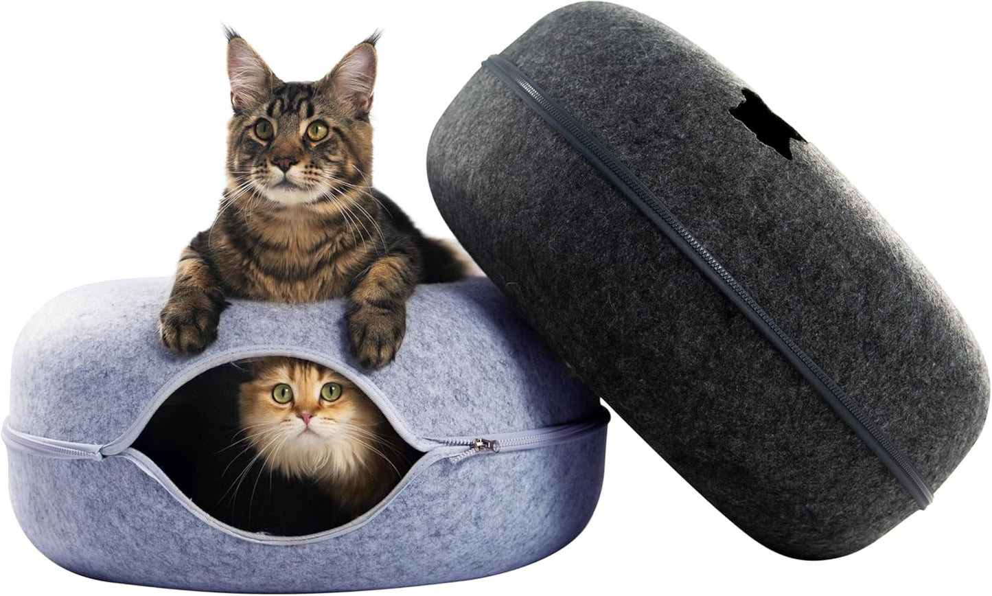 CATTASAURUS Peekaboo Cat Cave for Multiple & Large Cats Up to 30-45 Lbs, Scratch Detachable & Washable Tunnel Bed, Comfy Donut Cat Cave (Light Gray + Dark Gray, Large) - Pet Explorer