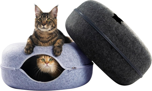 CATTASAURUS Peekaboo Cat Cave for Multiple & Large Cats Up to 30-45 Lbs, Scratch Detachable & Washable Tunnel Bed, Comfy Donut Cat Cave (Light Gray + Dark Gray, Large) - Pet Explorer