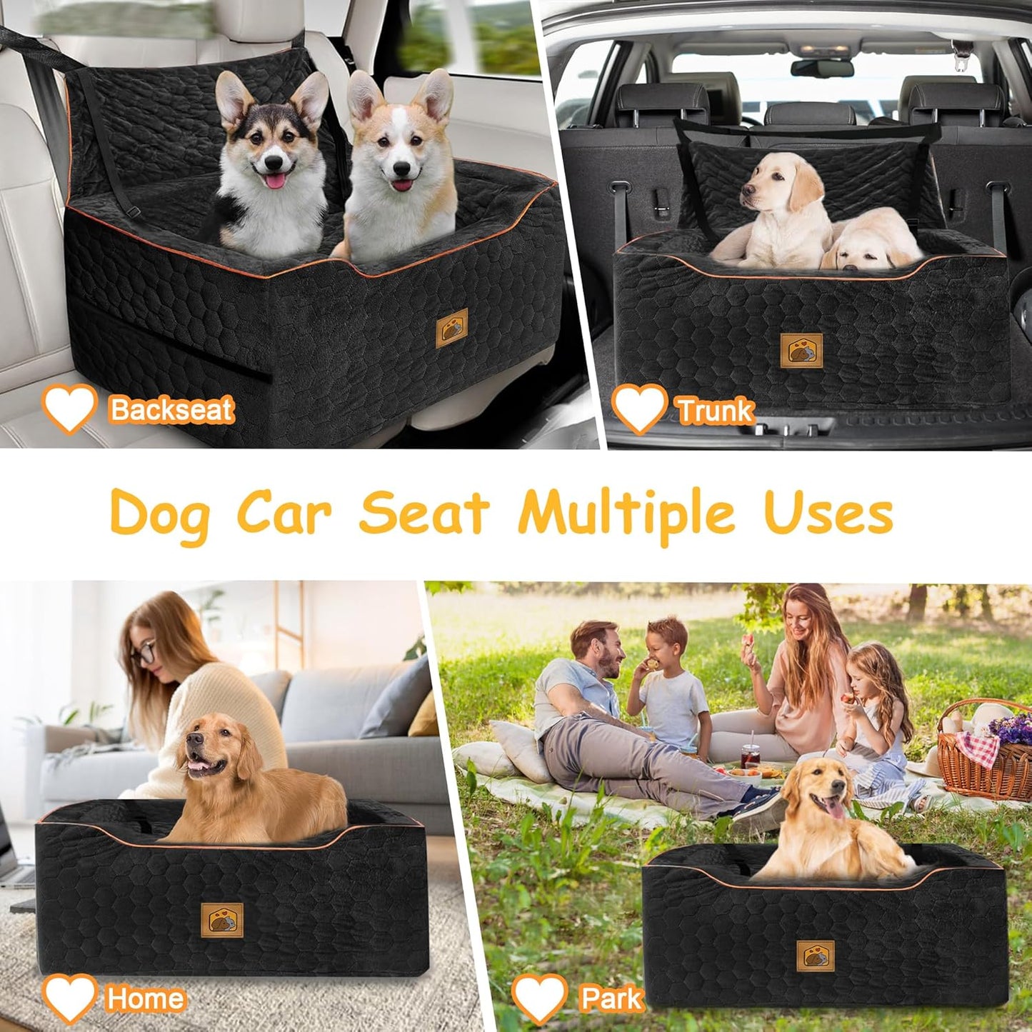 Dog Car Seat for Medium/Large Dogs, Washable Dog Booster Seat Under 60 lbs or 2 Small Dogs, Multi-Functional Pet Car Seat with Thick Cushion, 2 Safety Leashes (Black) - Pet Explorer