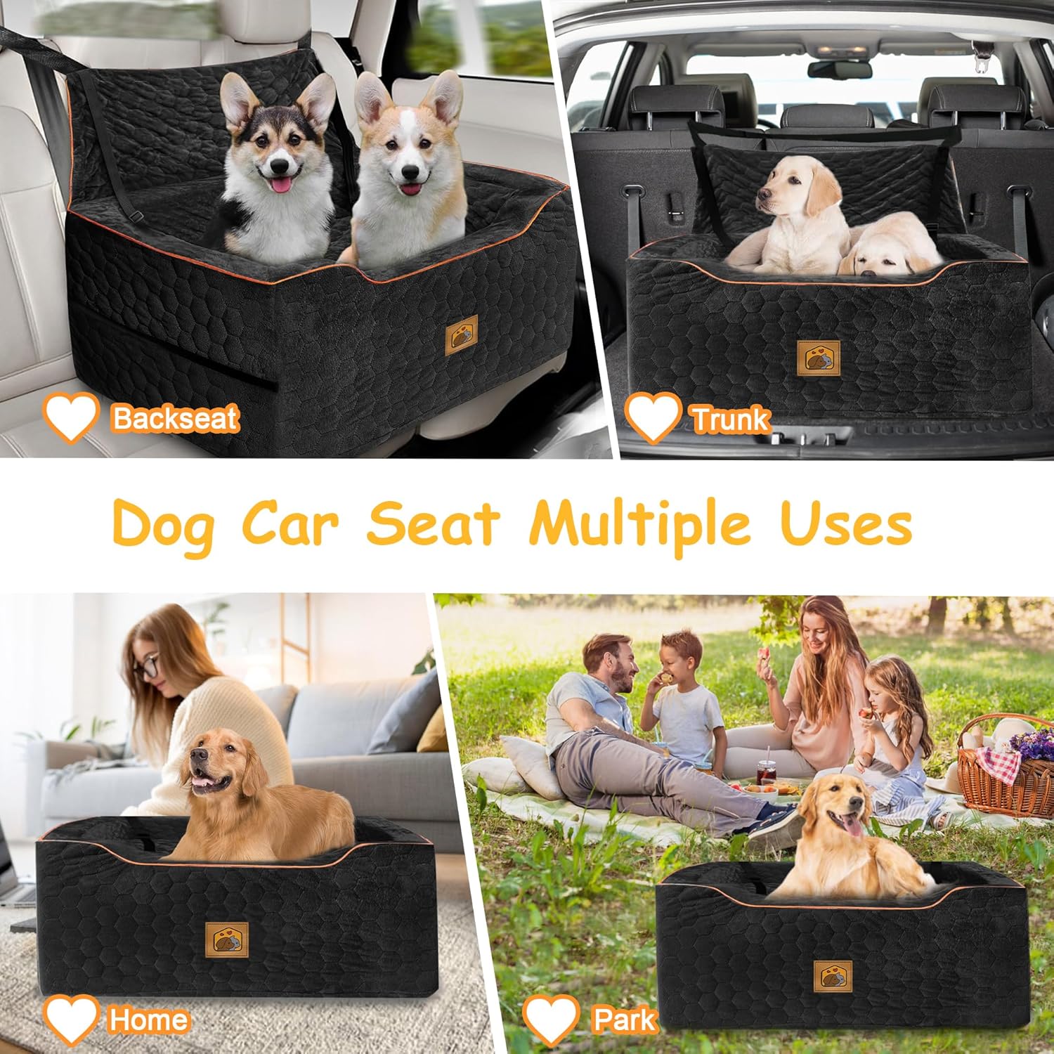 Dog Car Seat for Medium/Large Dogs, Washable Dog Booster Seat Under 60 lbs or 2 Small Dogs, Multi-Functional Pet Car Seat with Thick Cushion, 2 Safety Leashes (Black) - Pet Explorer