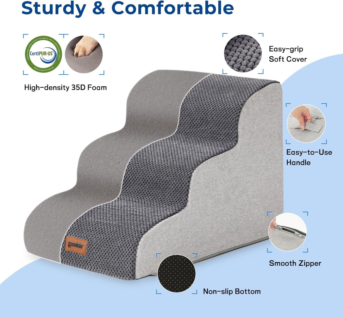 Dog Stairs for Small Dogs - Pet Stairs for Couch and Bed, 35D Foam Dog Steps Ramp with Non-Slip Bottom Beige, 3 Steps - Pet Explorer