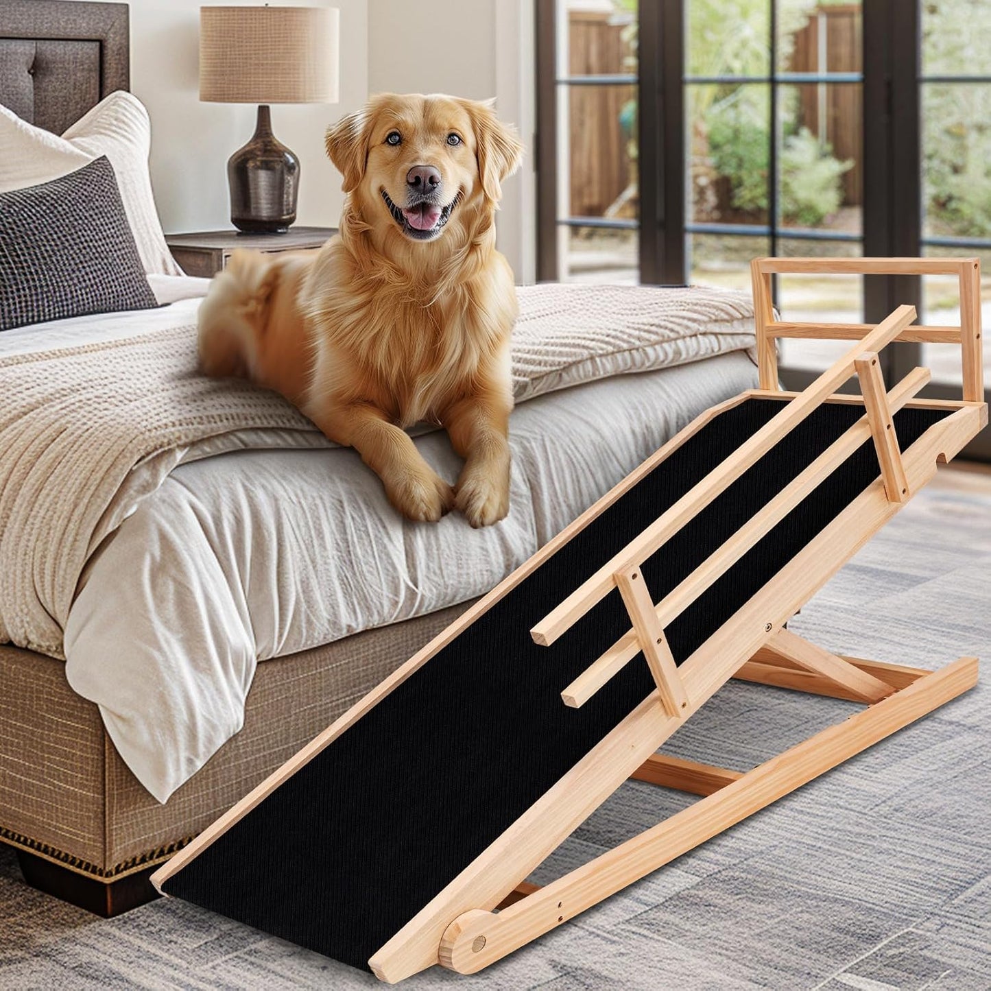 Dog Ramp, 5 Level Adjustable Height Folding Pet Ramp for High Bed, Portable Paw Ramps Large Bed Ramp for Medium & Large Old Dogs & Cats - Natural Wood Furniture Quality - Pet Explorer