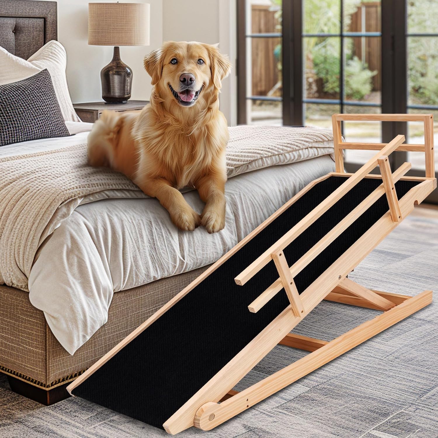 Dog Ramp, 5 Level Adjustable Height Folding Pet Ramp for High Bed, Portable Paw Ramps Large Bed Ramp for Medium & Large Old Dogs & Cats - Natural Wood Furniture Quality - Pet Explorer