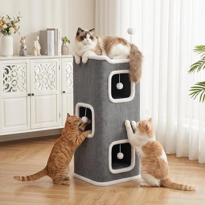 LOVEWE Modern Cat Tower, 4-Level Indoor Cat Tree Furniture with Hanging Toys, Plush Beds, Deep Gray with White Trim, Foldable Design