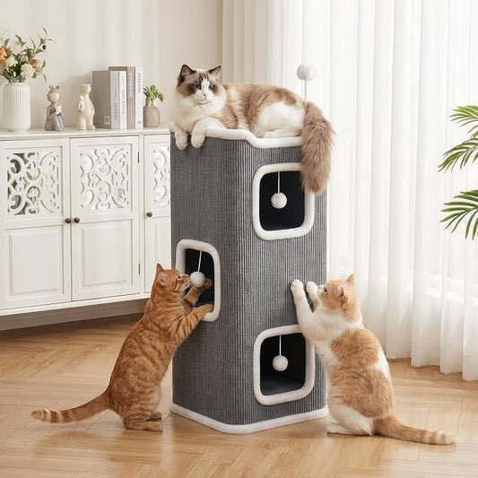 LOVEWE Modern Cat Tower, 4-Level Indoor Cat Tree Furniture with Hanging Toys, Plush Beds, Deep Gray with White Trim, Foldable Design
