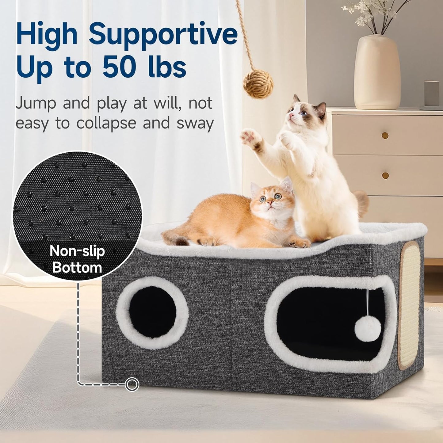 Cat Beds for Indoor Cats, Extra Wide Cat Cube House for Multi Cats, Foldable Cat Cave Hideaway with Arc-Edge Design & Oval Door, Double-Side Soft Cushion for All Seasons, 24"L x 17.7"D x 12.6"H, Grey - Pet Explorer
