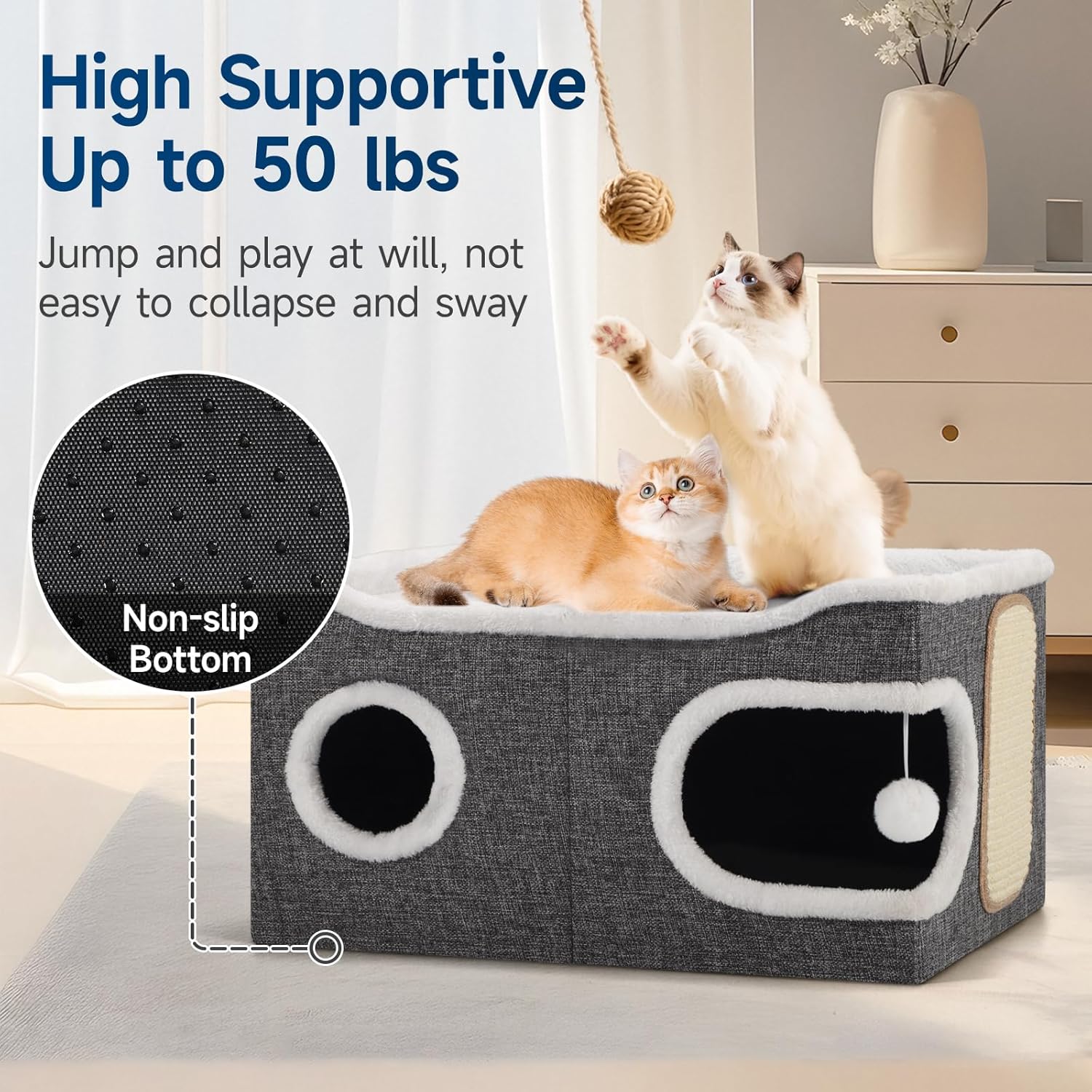 Cat Beds for Indoor Cats, Extra Wide Cat Cube House for Multi Cats, Foldable Cat Cave Hideaway with Arc-Edge Design & Oval Door, Double-Side Soft Cushion for All Seasons, 24"L x 17.7"D x 12.6"H, Grey - Pet Explorer