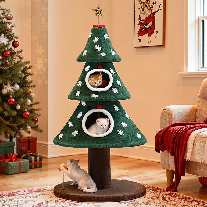 DWVO Christmas Cat Houses for Indoor Cats, Christmas Cat Tree Tower with 2 Cozy Houses, Kitty Furniture with Teaser Plaything for Christmas Decoration
