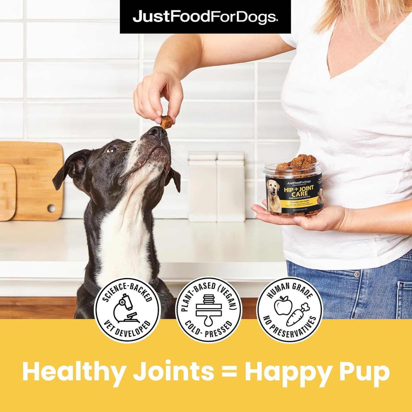 JustFoodForDogs Hip + Joint Soft Chews Mobility Supplement for Dogs with Glucosamine and Chondroitin, Superfood Blend, Human Grade, Plant-Based - 45 Count - Pet Explorer