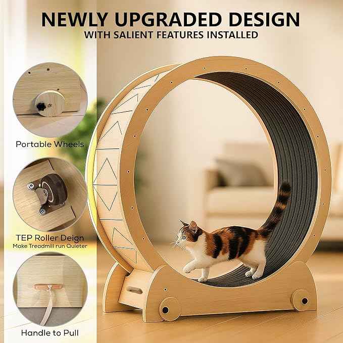 Portable Cat Running Wheel for Indoor Cats 44" Large XL 12" Wide, Cat Treadmill, Wheel with Carpeted Runway for Kitty’s Longer Life, Moveable Safe & Stable Design.