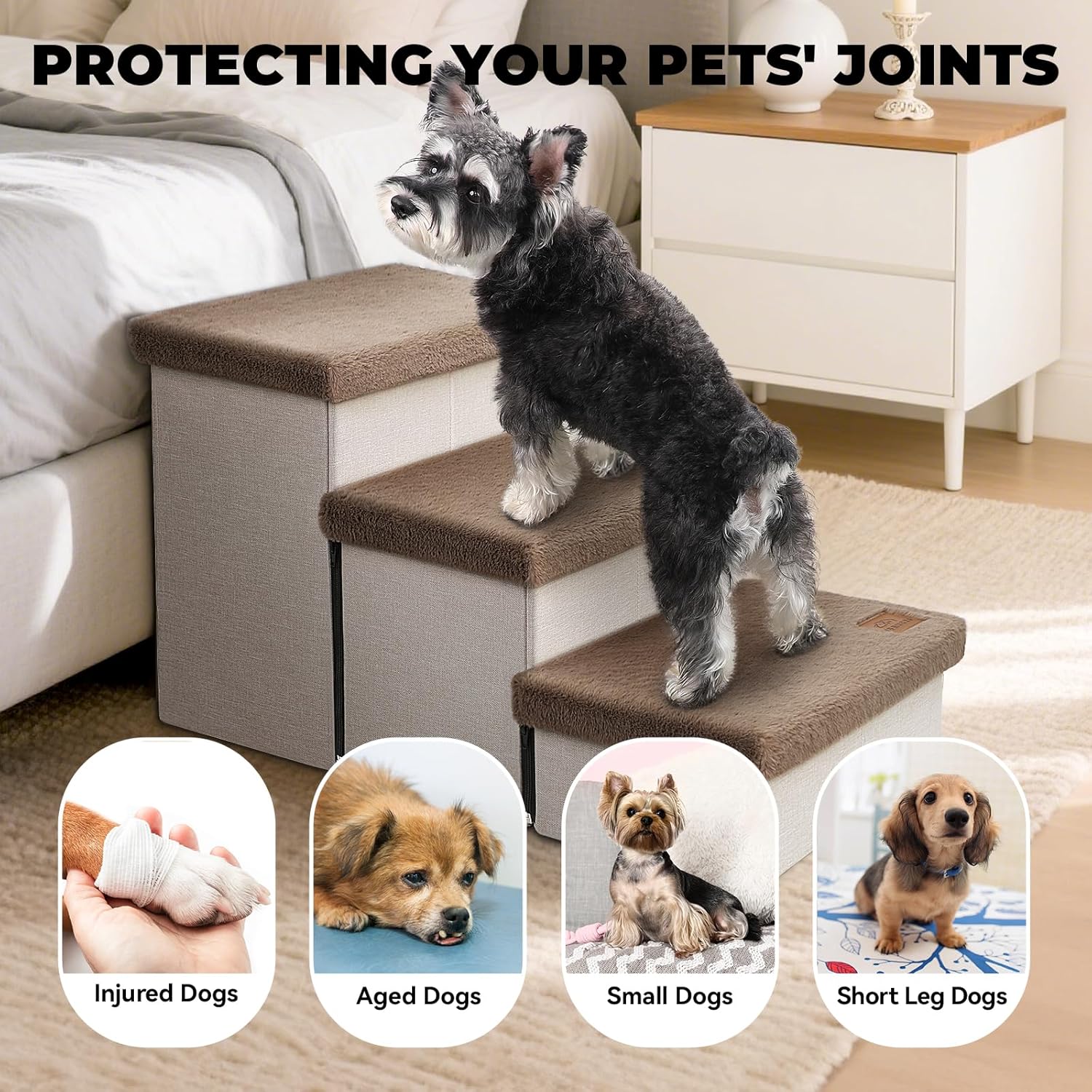 Dog Stairs with Furry Lids 18" H, 3-Step Wider Dog Steps with Storage for Small/Medium/Large Old Dogs Cats, Folding Sturdy Pet Stairs Climbing Bed Couch, Ramp for Car Up to 200 lbs, Khaki - Pet Explorer