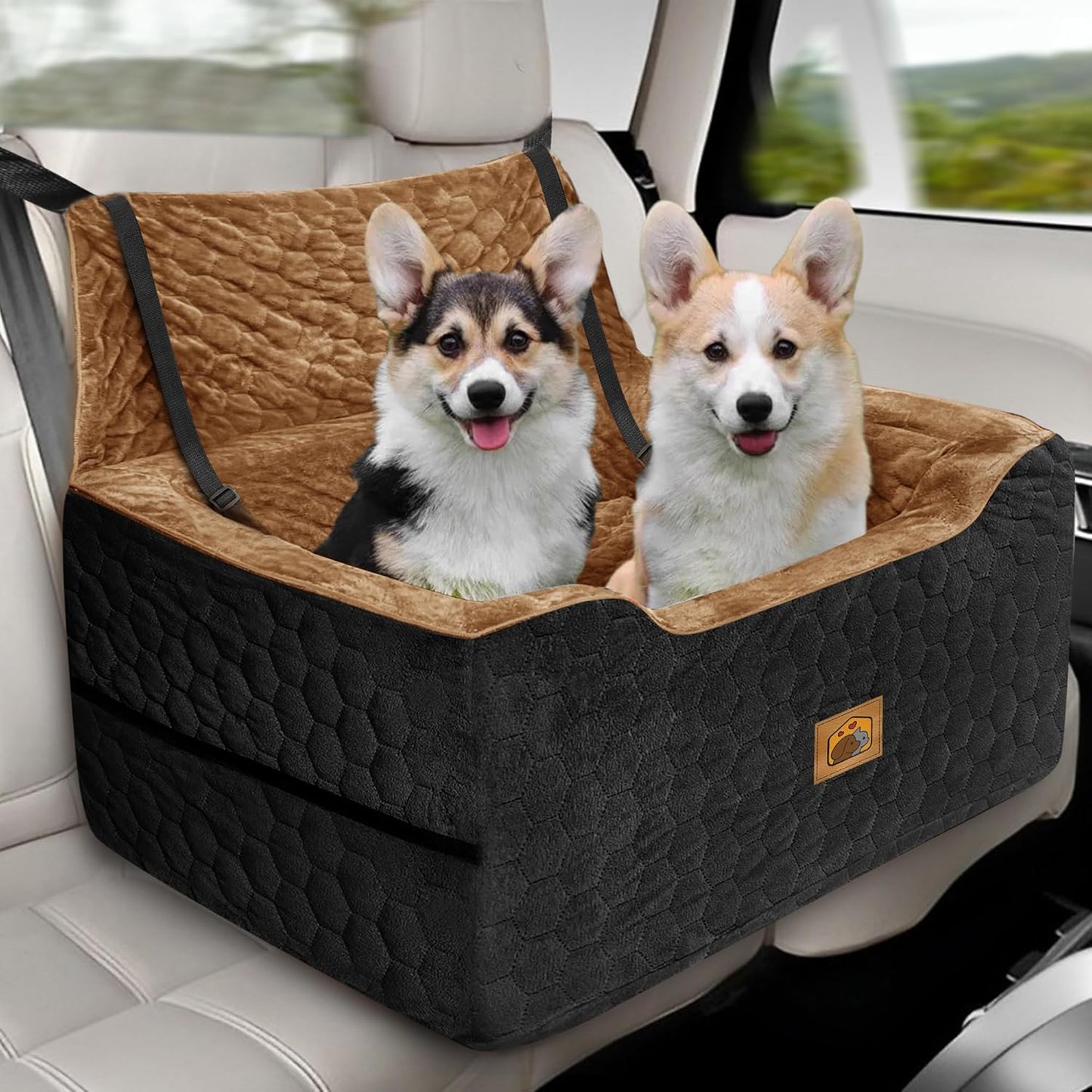 Dog Car Seat for Small/Medium Dogs, Memory Foam Dog Booster Seat, Travel Safety Per Car Seat with Washable Removable Cover, Storage Pockets for Dogs up to 35 lbs(BlackBrown) - Pet Explorer