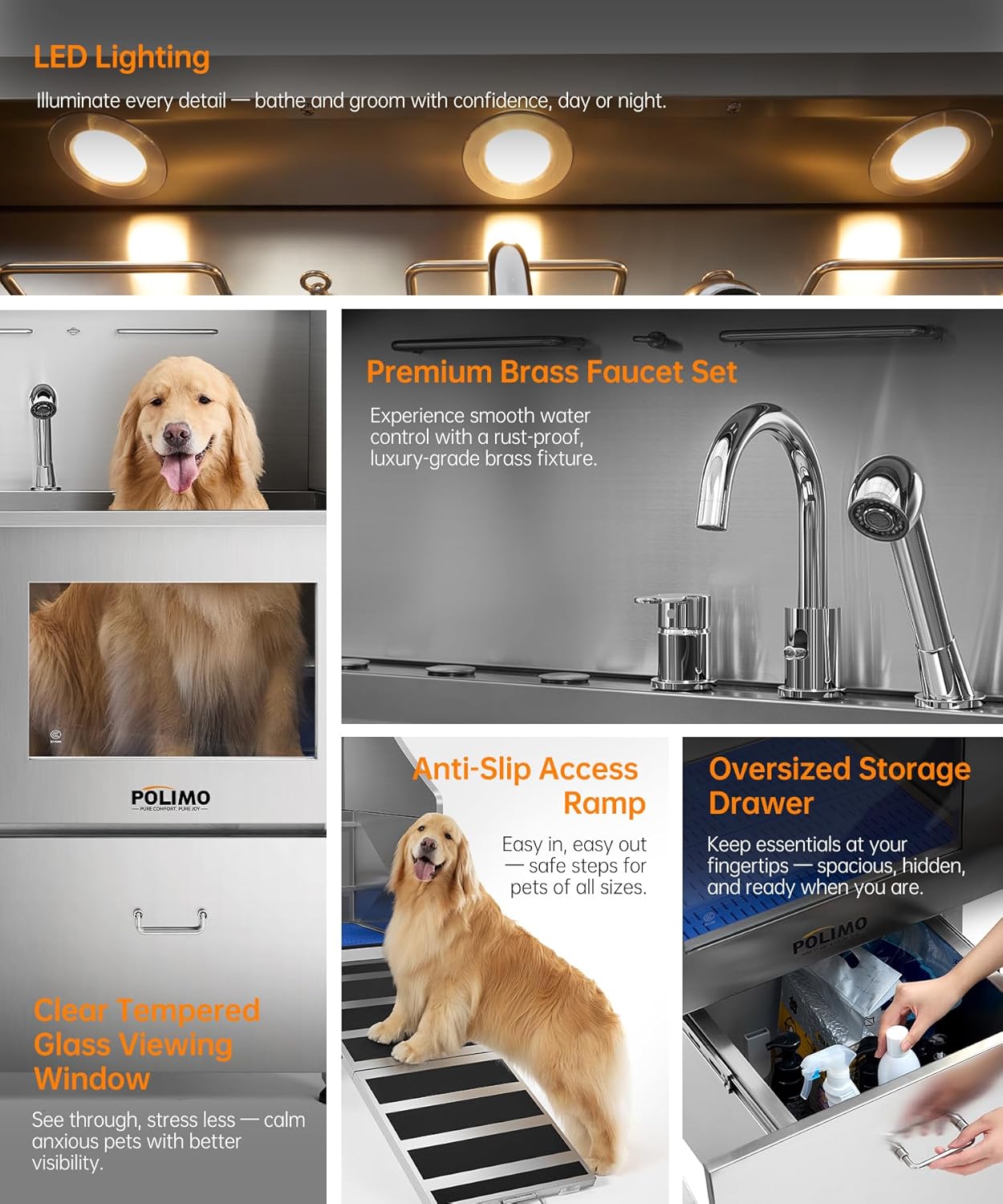 POLIMO Dog Washing Station, LED Professional Stainless Steel Dog Bathing Station 50", Dog Grooming Tub for Large, Medium & Small Dog - with Window, Ramp, Drawer, Floor Grate & Faucet (Right RAMP, 50") - Pet Explorer