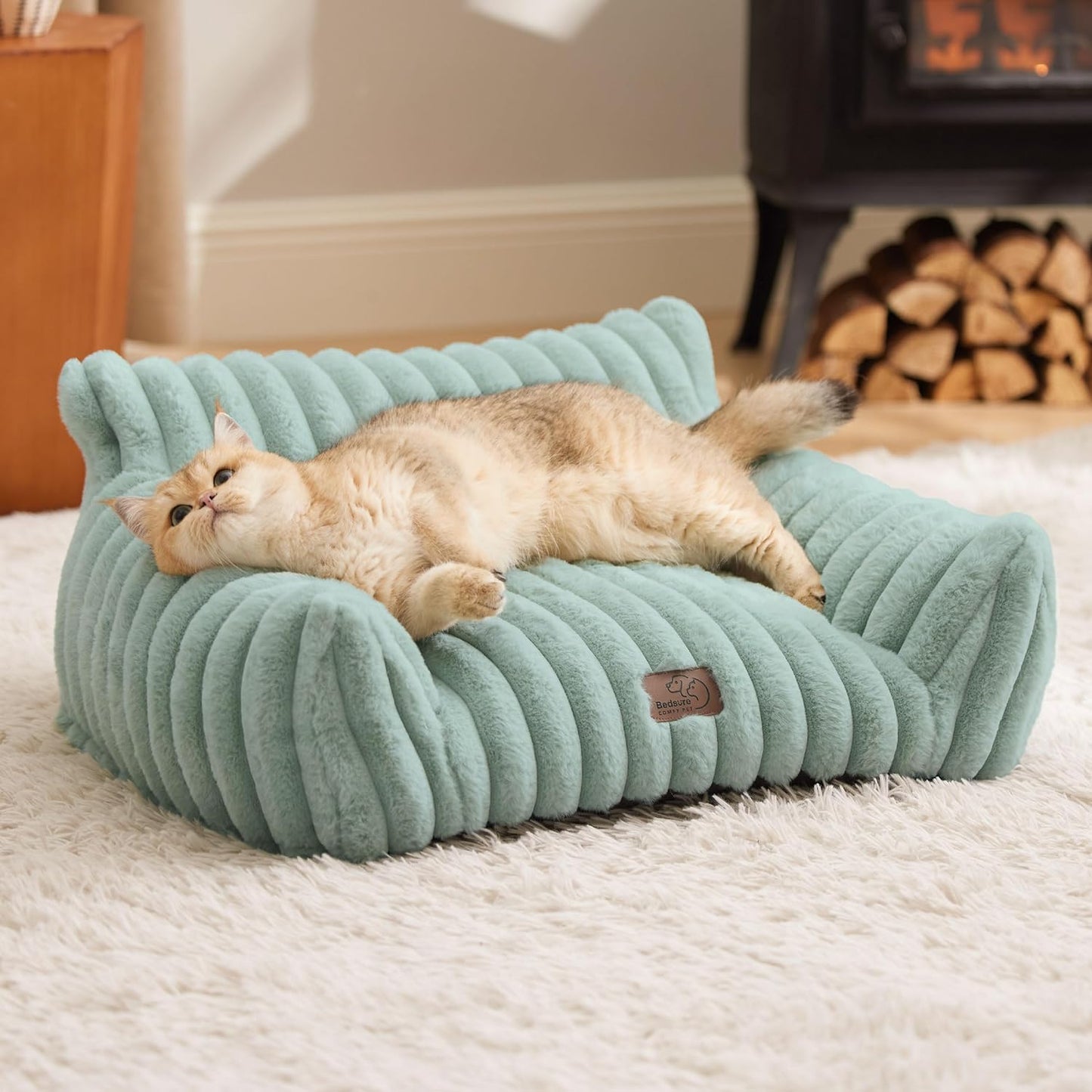 Bedsure Cute Cat Couch for Pets - Fluffy Cat Sofa with Premium Soft Corduroy Fleece, Fuzzy Pet Couch Bed with Removable Washable Cover, Supportive Pet Chair for Indoor Cats, 24inch, Garden Green - Pet Explorer
