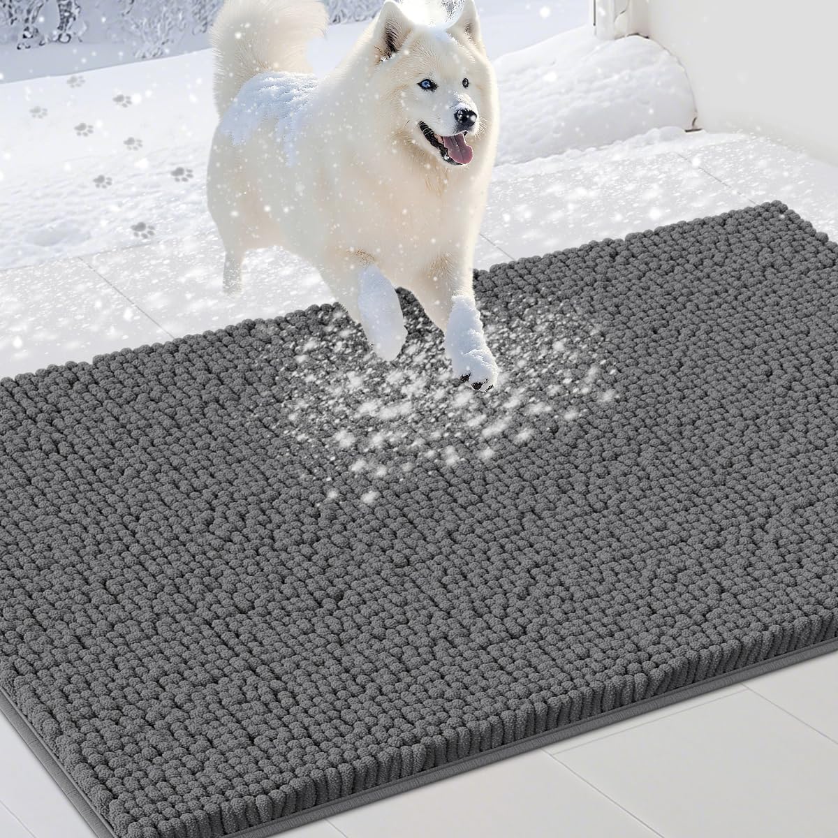 Dog Door Mats for Muddy Paws, Chenille Absorbent Dog Mats, Non Slip Heavy Mud Mat for Dogs, Soft Pet Mat for Entryway, Mud Paws, Inside Floor,48" x 38", Grey