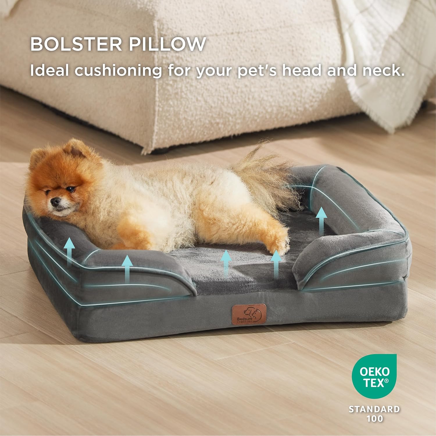 Bedsure Small Orthopedic Dog Bed - Washable Bolster Dog Sofa Beds for Small Dogs, Supportive Foam Pet Couch Bed with Removable Washable Cover, Waterproof Lining and Nonskid Bottom Couch, Dark Grey - Pet Explorer