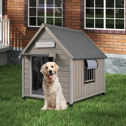Outdoor Dog House Weatherproof Large Wooden Dog Kennel Indoor for Small Dogs with Chew-Proof Frame, Oxford Fabric Window, Removable Floor Pet Shelter (Grey, 30.5" D x 37.4" W x 39.3" H) - Pet Explorer