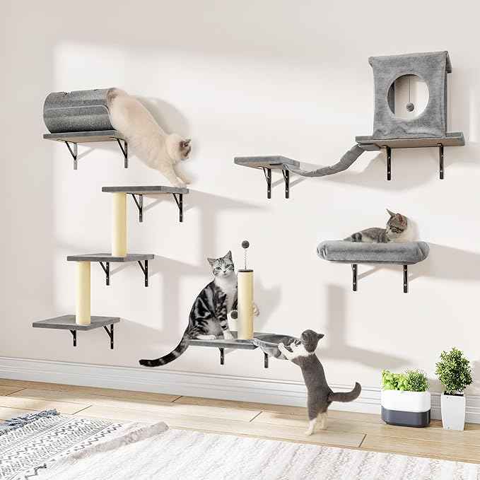 NUNU LAB 7-in-1 Wall Mounted Cat Climber Set, Cat Wall Furniture Set with House, Bridge, Steps, Scratcher Post, DIY Playground, Cat Wall Shelves - Gray