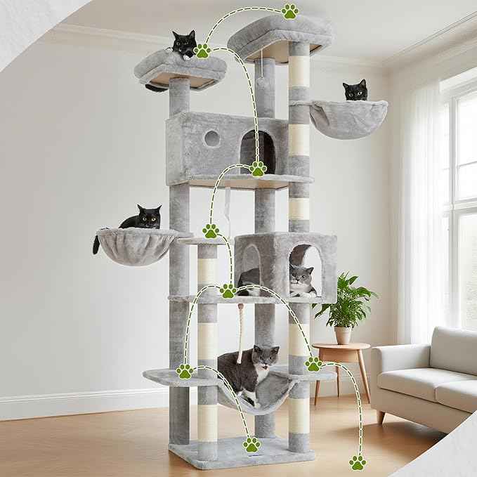 Tall Cat Tree, Large Cat Tower for Adult Cats, 80.7'' (205cm) Heavy-Duty Cat Tree House for Indoor Cats 20 lbs+ with Scratching Posts, 2 Top Perches/Condos, Hammcok, Light Gray GCT034W