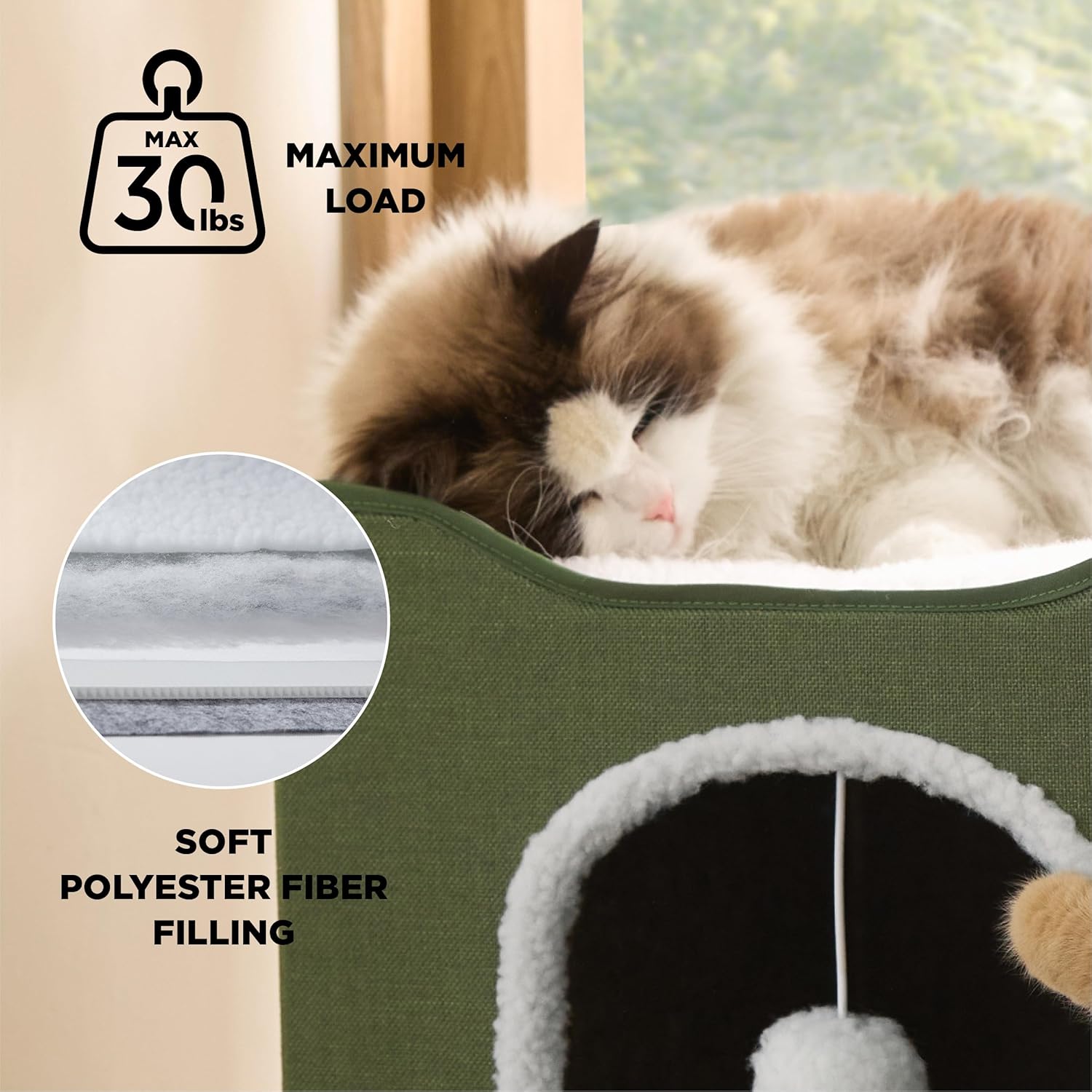 Bedsure Cat Beds for Indoor Cats - Large Cat Cave for Pet Cat House with Fluffy Ball Hanging and Scratch Pad, Foldable Cat Hideaway, 16.5x16.5x13 inches, Loden Green - Pet Explorer