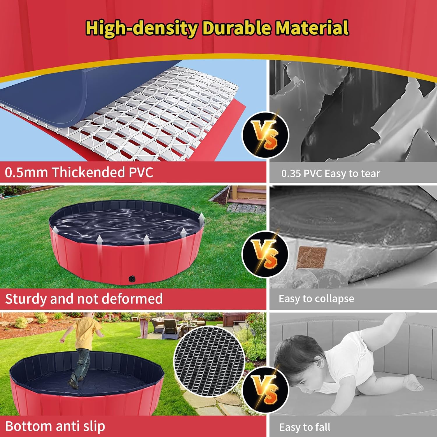 Foldable Dog Pool, 39" x 12" Kiddie Pool with Hard Plastic, Non-Slip Dog Bath Tub for Outdoor Backyard, Collapsible Dog Swimming Pool for Kids Dogs Pets (Red) - Pet Explorer