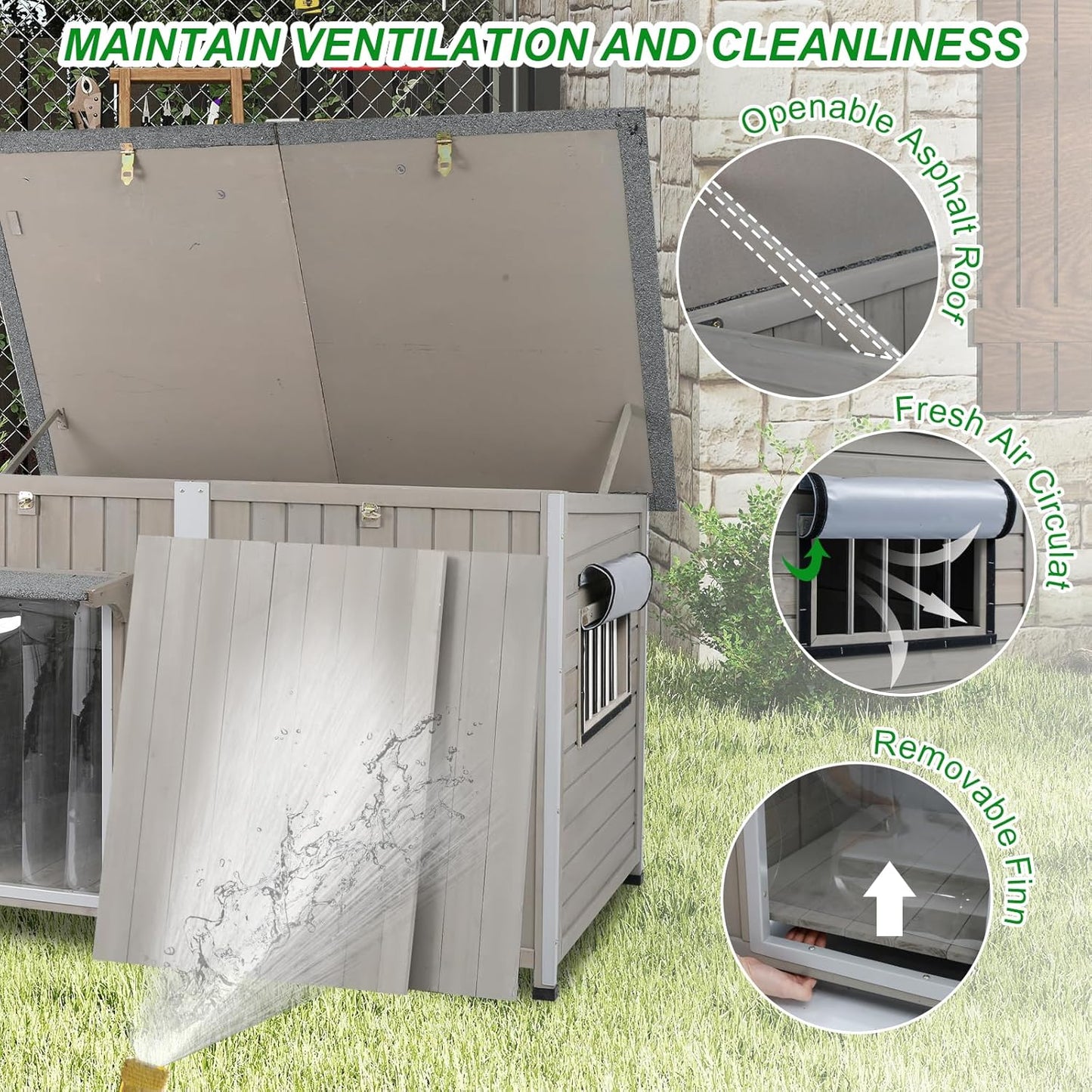 Dog House Outdoor Weatherproof & Wooden Dog Kennel with Chew-Proof Iron Frame，Removable Floor, Adjustable Vent Window, Easy Assembly for Large and Extra-Large Dogs 55.1" D x 33.1" W x 34.8" H - Pet Explorer