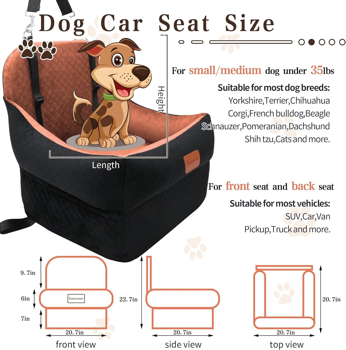 Dog Booster Car Seat for Small/Medium Dogs up to 30 lbs,Interior 7 Inches Elevated Pet Booster Seat,Ultra Soft Fabric and Memory Foam Car Dog Bed,Safety,Comfy,Fully Detachable Washable(H-Black/Brown) - Pet Explorer