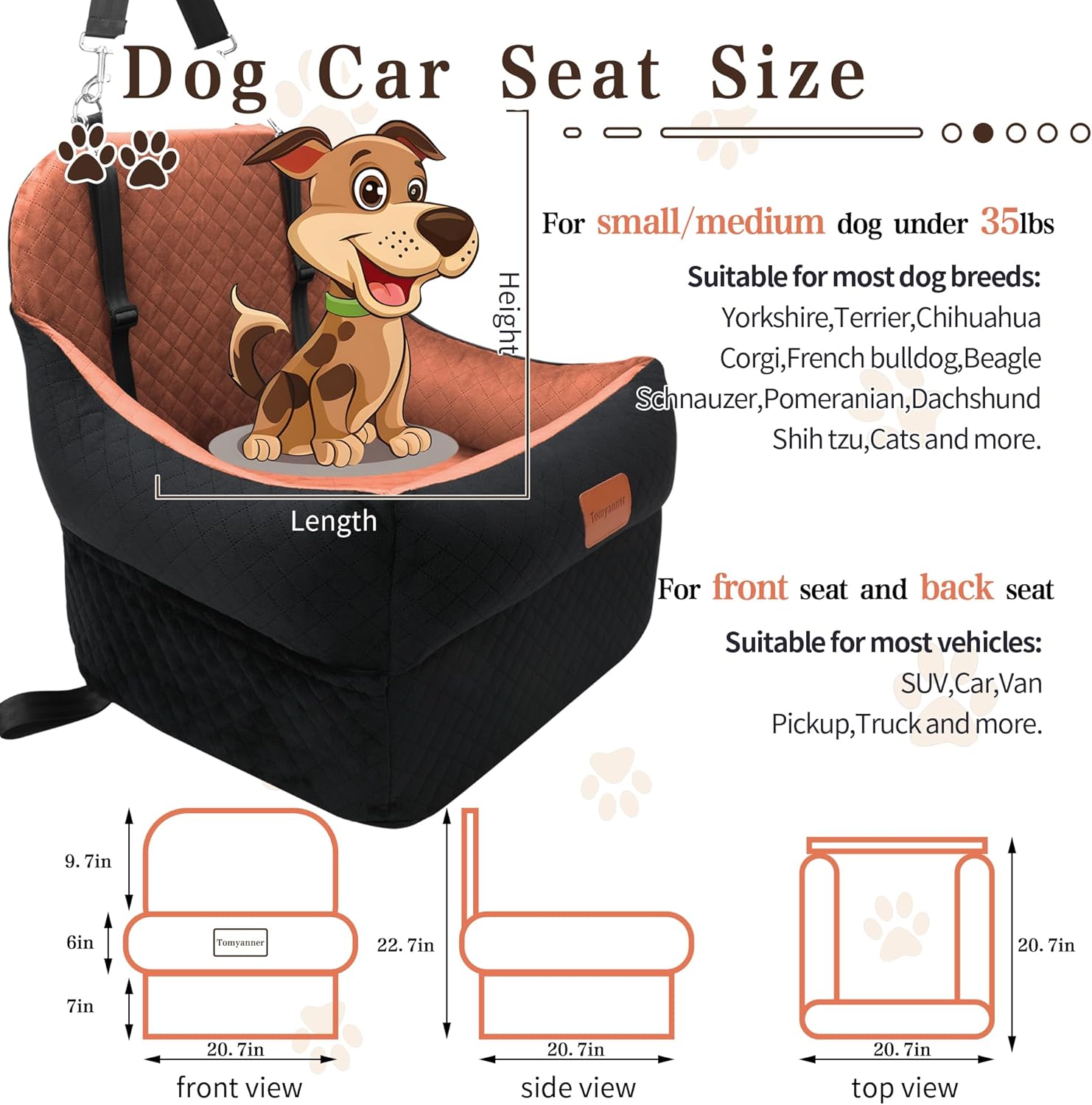 Dog Booster Car Seat for Small/Medium Dogs up to 30 lbs,Interior 7 Inches Elevated Pet Booster Seat,Ultra Soft Fabric and Memory Foam Car Dog Bed,Safety,Comfy,Fully Detachable Washable(H-Black/Brown) - Pet Explorer