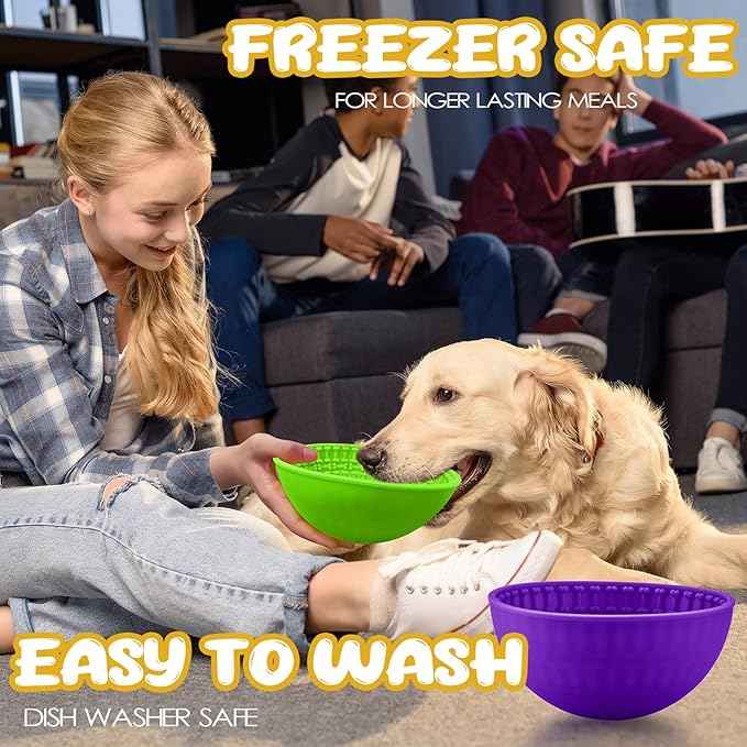 Patelai 2 Pcs Dog Enrichment Lick Bowls Silicone Freeze Bowls Interactive Cat Licking Mats Slow Feeders for Pet Oral Health Boredom Anxiety Relief, Wobble or Stay Put(Green, Purple,Bone)