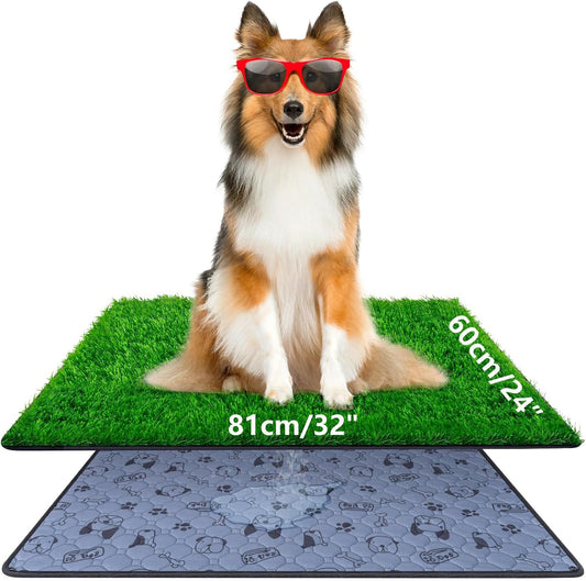 Pee Pads for Dogs with Fake Grass, 32" x 24" Indoor Artificial Grass for Dogs Potty, Lawn Pee Pads for Doggie Washable, Reusable and Lawn for Replacement, Puppy Training Litter Box for Outdoor Patio - Pet Explorer