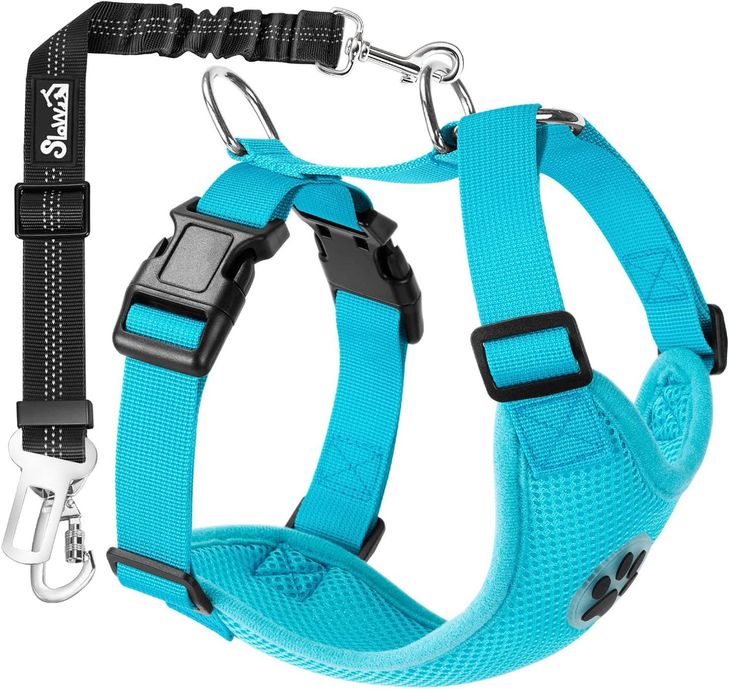 SlowTon Dog Seat Belt Harness for Car, Dog Car Harness Adjustable Mesh Breathable & Dog Seatbelt Safety Tether with Elastic Bungee for Small Medium Large Pets(Light Blue, Double Clip, S) - Pet Explorer