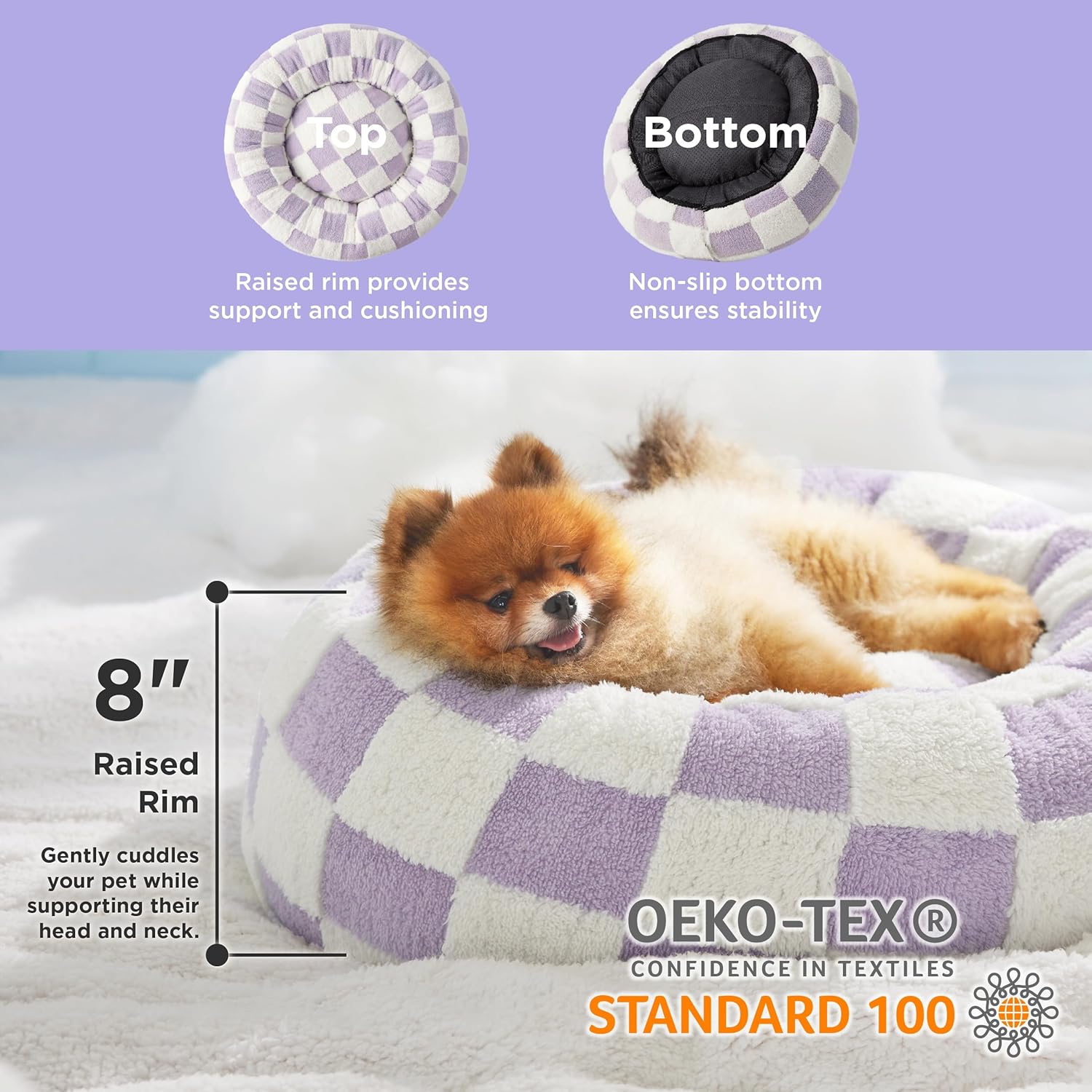 LE SURE Donut Small Dog Bed - Round Cat Beds for Indoor Cats Calming Pet Beds, Cute Modern Beds with Jacquard Shaggy Plush & Anti Slip Bottom, 23 Inch, Purple - Pet Explorer