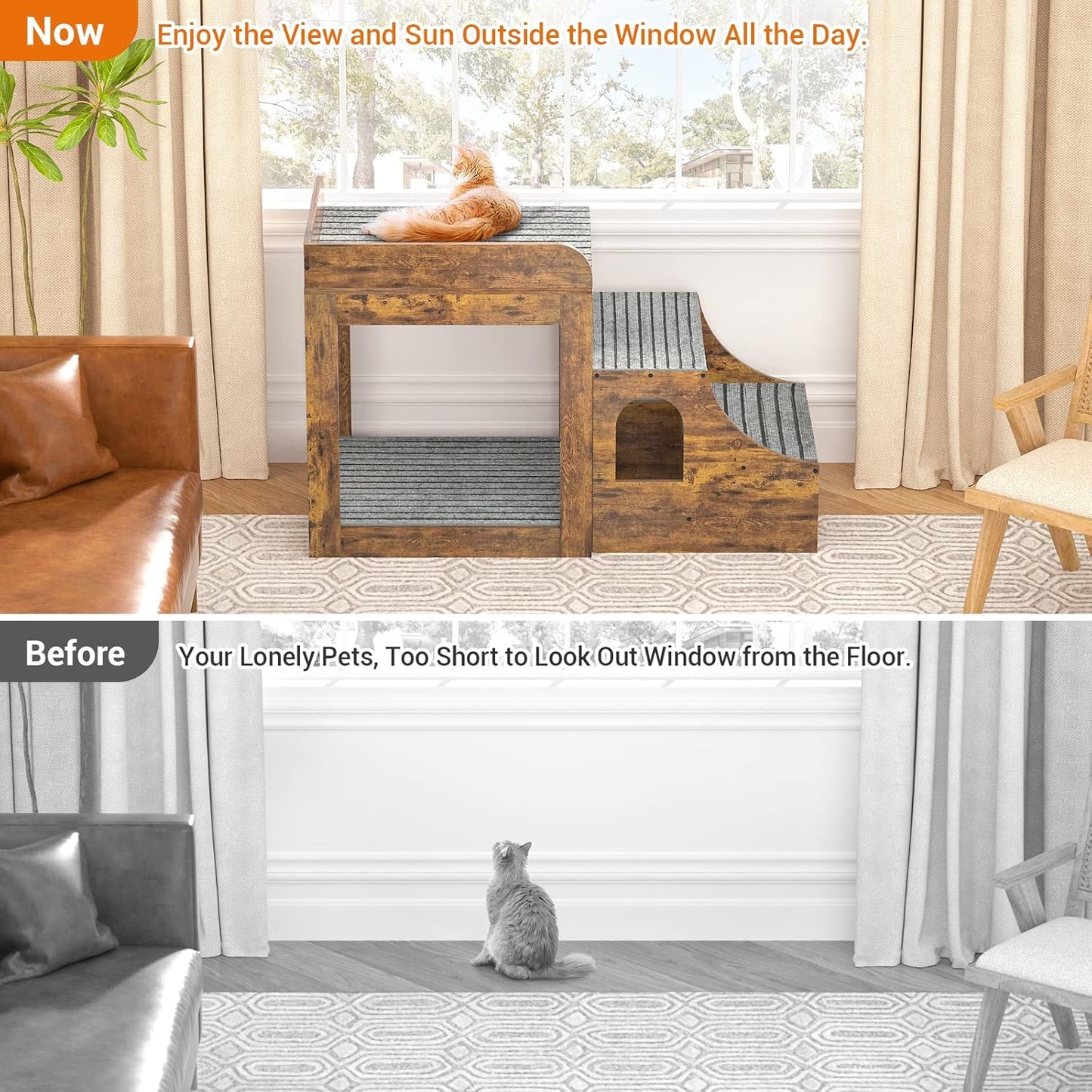 Pet Window Perch with Stairs, Super Large Pet Bunk Bed for Cats, Multi-Level Pet Seat Platform with Mats, Pet Bed Couch with Drawers for Bedside, Home, Indoor Use, Large Size, R - Pet Explorer
