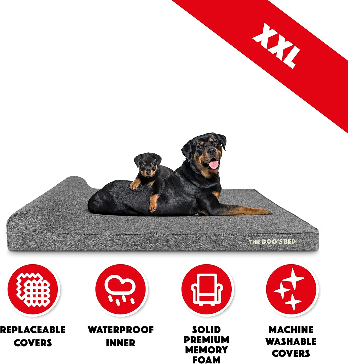 The Dog’s Bed Orthopedic Headrest Dog Bed XXL Grey Linen 54x36, Memory Foam, Pain Relief for Arthritis, Hip & Elbow Dysplasia, Post Surgery, Lameness, Veterinary Approved, Waterproof Washable Cover - Pet Explorer