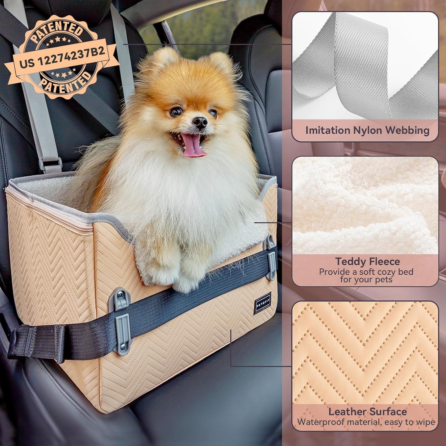 PETSFIT Cat Car Seat, Waterproof PU Leather Dog Booster Car Seat with Patent Safe Buckles, Clip-On Leash, Pet Travel Carrier Bed for Small Pets Up to 25lbs (Orange) - Pet Explorer