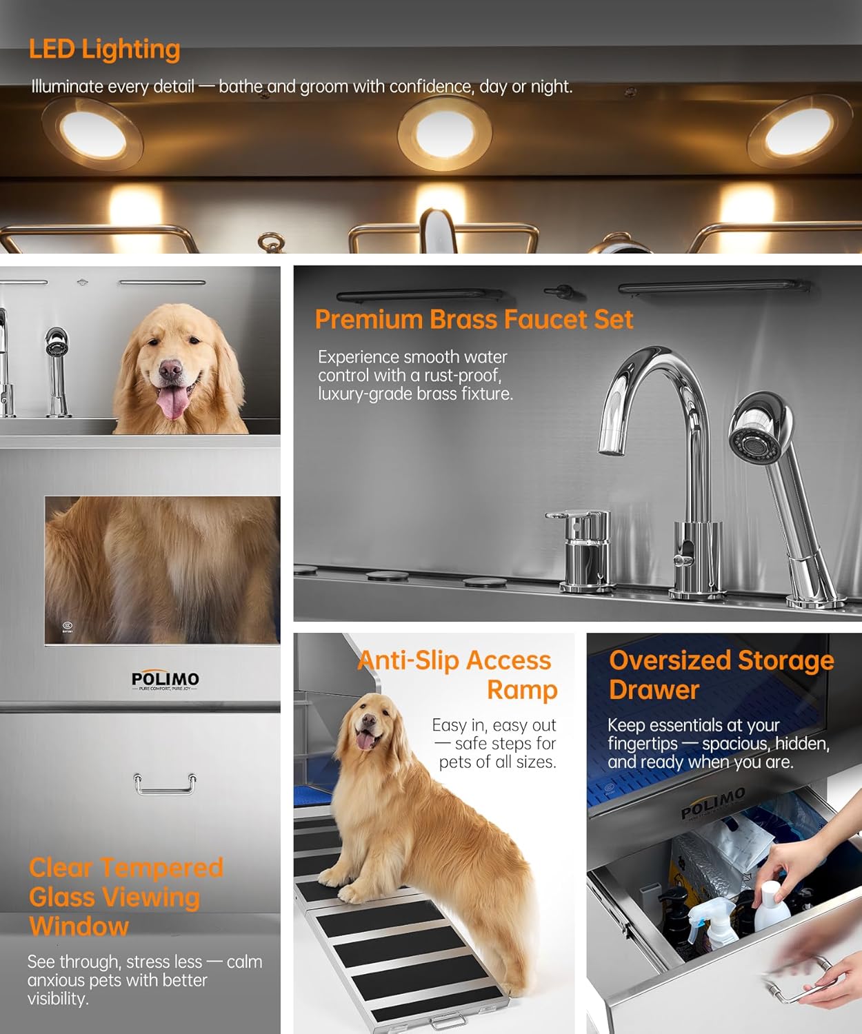 POLIMO Dog Washing Station, LED Professional Stainless Steel Dog Bathing Station 61", Dog Grooming Tub for Large, Medium & Small Dog - with Window, Ramp, Drawer, Floor Grate & Faucet (Right RAMP, 61") - Pet Explorer