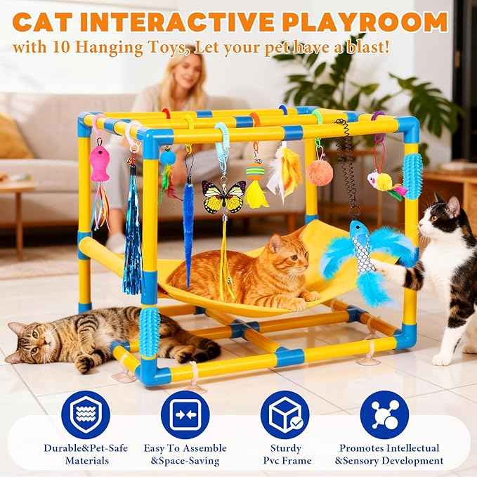 Cat Jungle Gym With Hanging Interactive Toys,Hammock Cat Activity Center For Kittens With Cat Self Groomer,Removable PVC Frame With Colored Spring Rope, Cat Enrichment Toys For Bored Indoor Adult Cats