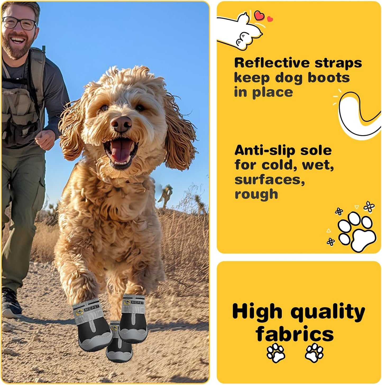 Hcpet Dog Shoes for Large Dogs, Waterproof Dog Booties for Small Medium Dogs, Anti-Slip Dog Boots & Paw Protectors for Hot Pavement Winter Snow Hiking with Reflective Straps Black Size 5