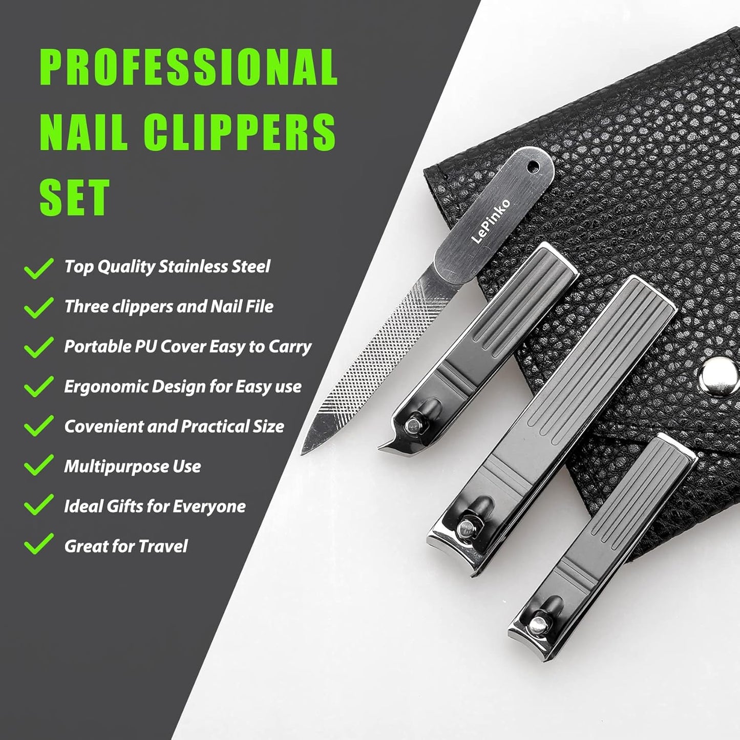 Nail Clippers Set, Toenail Clippers for Thick and Ingrown Nails, Fingernail Cutters for Men Women with PU Case 4PCS