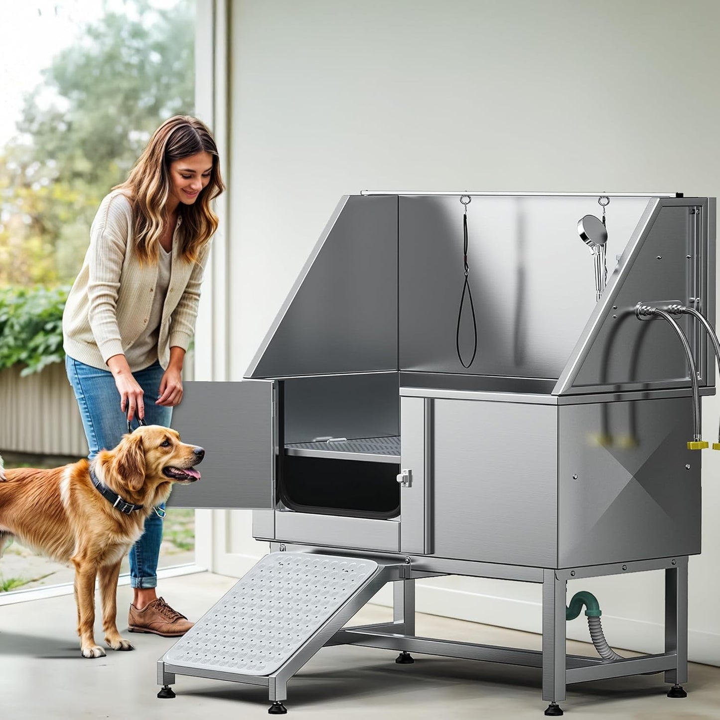 DWVO Professional Pet Dog Bathing Station for Grooming, 50'' Dog Grooming Bathtub with Left Ramp, Floor Grate, Faucet, Showerhead & Soap Holder for Large, Medium & Small Pets - Pet Explorer