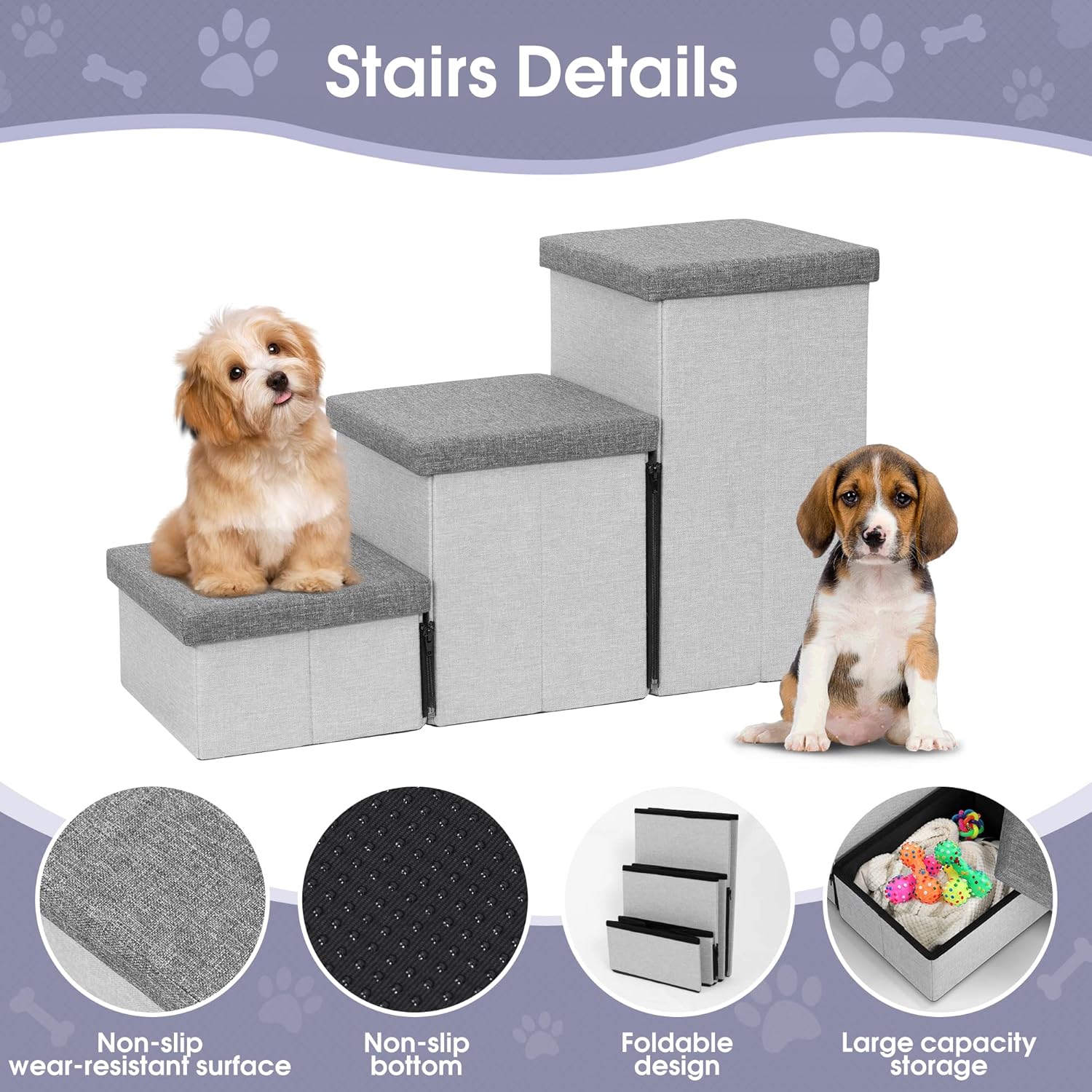 Heeyoo Dog Stairs with Storage, Foldable Dog Steps for Small Dogs, 3 Tiers Non-Slip Pet Stairs for High Beds Or Couch and Sofa, Hold up to 200 lbs Pet Cat - Pet Explorer