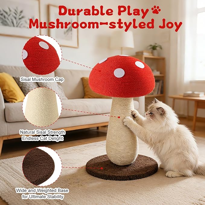 Mushroom Cat Scratching Post, 19.7 Inch Cat Scratcher with Stable Base, Natural Sisal Pole & Cozy Perch for Indoor Cats, Fun Fungus Cat Scratching Board for Kittens and Cats