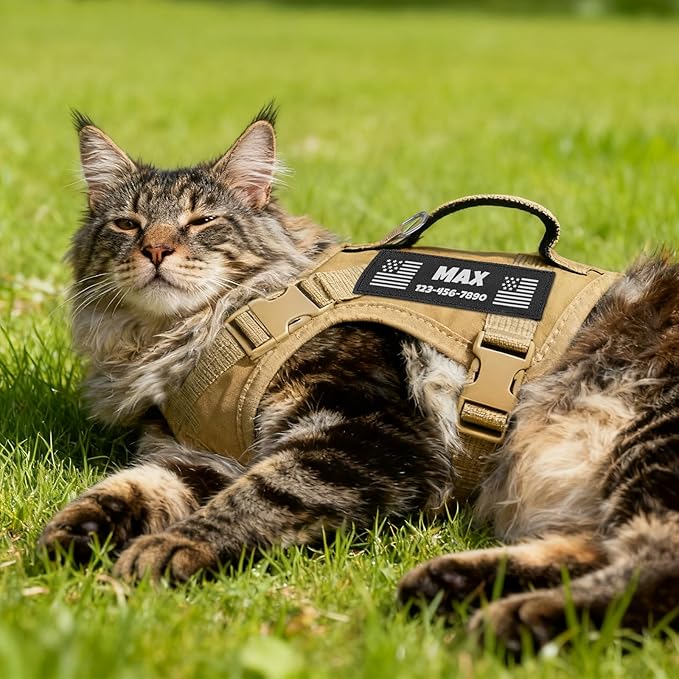 Custom Khaki Tactical Cat Harness and Leash Escape Proof Adjustable Vest with Reflective Strips and Personalized Patch Soft Breathable Outdoor Gear for Walking Training Fits Cats 7-12 lbs